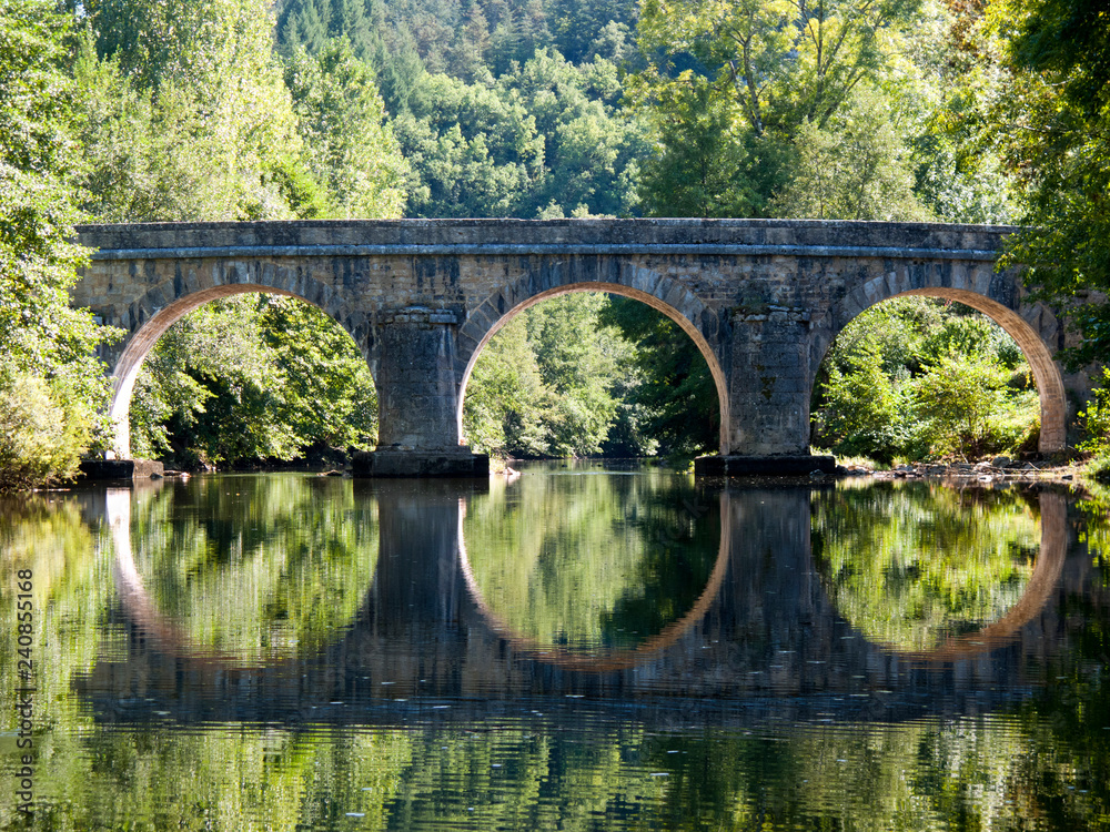 Fototapeta premium .Symetrical reflection of an old road bridge in the River Cele near Sauliac sur Cele, Lot, Midi Pyrenees, France, Europe