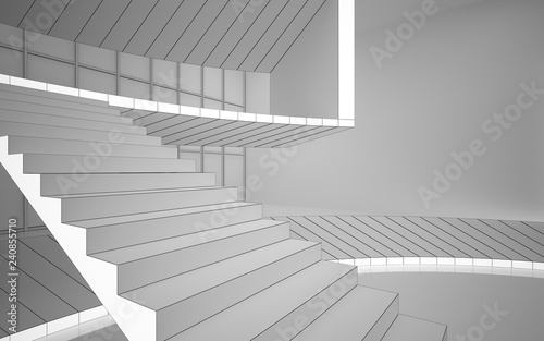 Abstract drawing white interior multilevel public space with window. Polygon black drawing. 3D illustration and rendering.