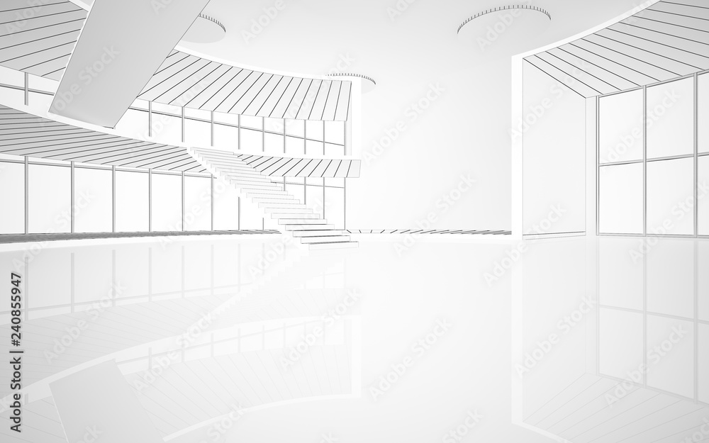 Abstract drawing white interior multilevel public space with window. Polygon black drawing. 3D illustration and rendering. Abstract drawing white interior multilevel public space with window. Polygon black drawing. 3D illustration and rendering.