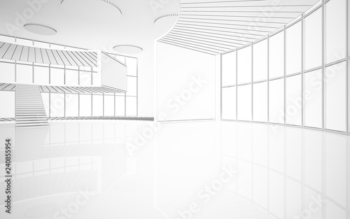 Abstract drawing white interior multilevel public space with window. Polygon black drawing. 3D illustration and rendering.