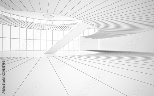 Abstract drawing white interior multilevel public space with window. Polygon black drawing. 3D illustration and rendering.