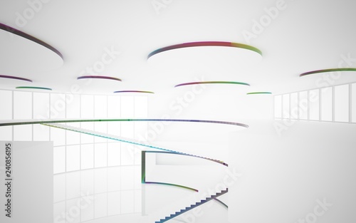 Abstract white and colored gradient glasses interior multilevel public space with window. 3D illustration and rendering.