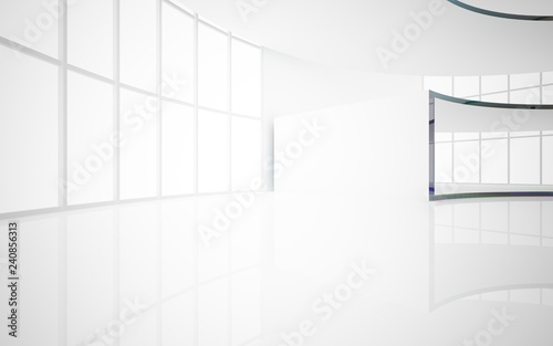 Abstract white and colored gradient glasses interior multilevel public space with window. 3D illustration and rendering.