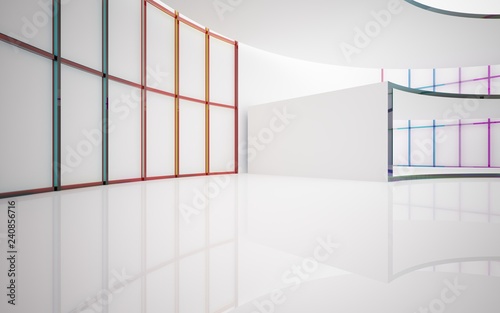 Abstract white and colored gradient glasses interior multilevel public space with window. 3D illustration and rendering.