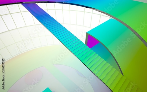Abstract white and colored gradient  interior multilevel public space with window. 3D illustration and rendering.