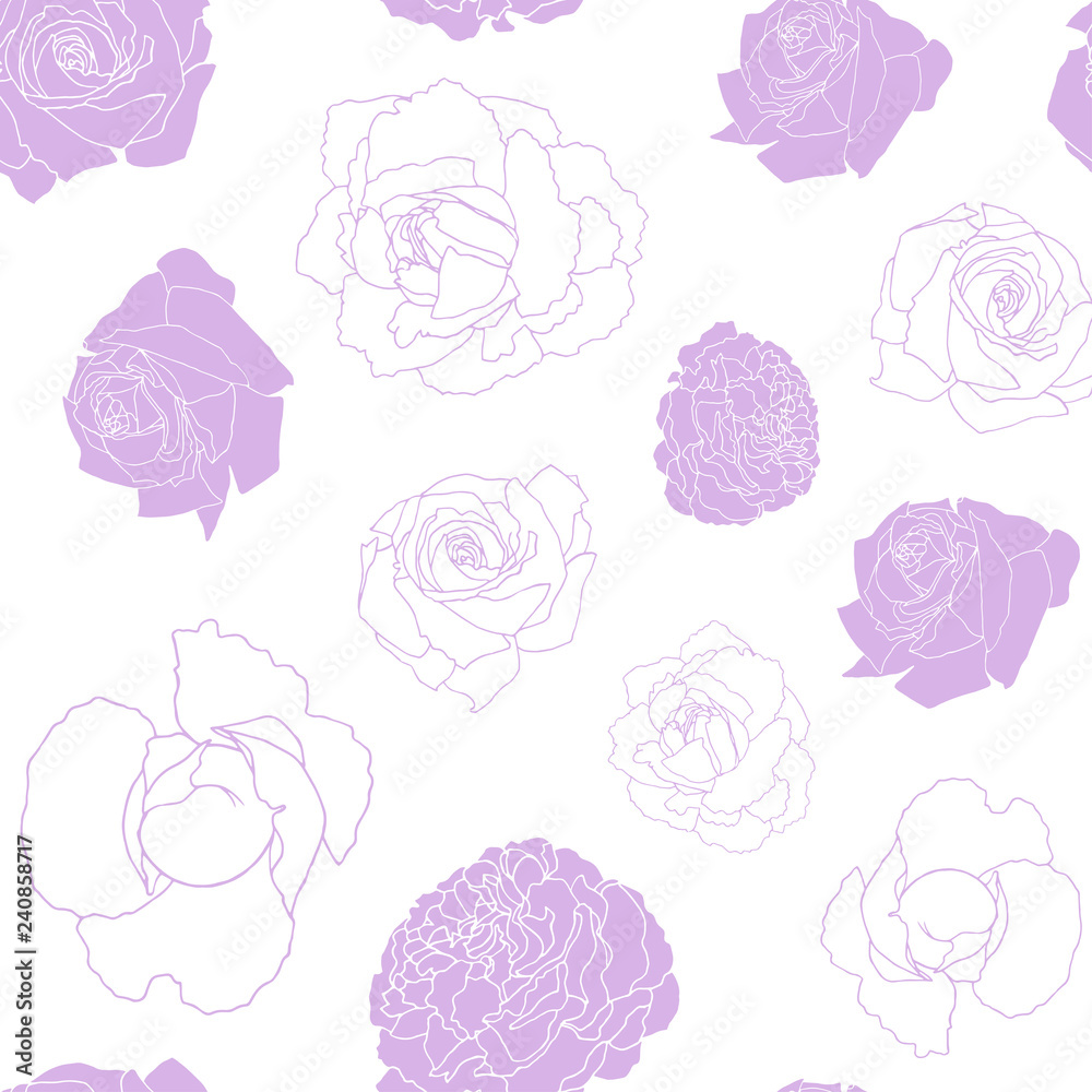 seamless pattern with contour and fully painted roses gently light purple on a white background