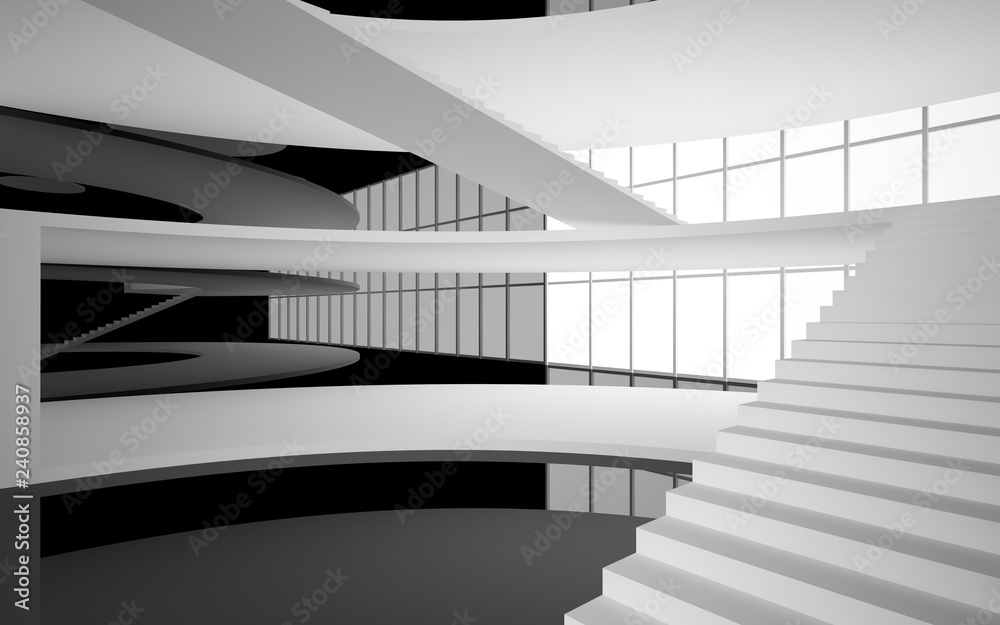 Abstract white and black interior multilevel public space with window. 3D illustration and rendering. Abstract white and black interior multilevel public space with window. 3D illustration and rendering.