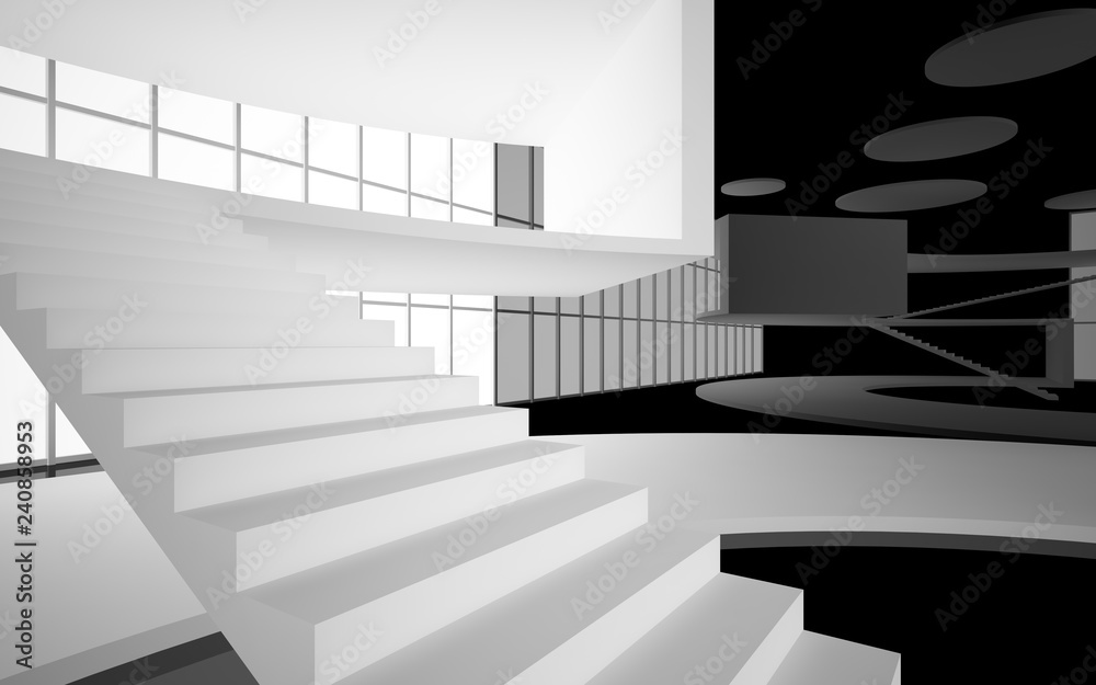 Fototapeta premium Abstract white and black interior multilevel public space with window. 3D illustration and rendering.