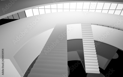 Abstract white and black interior multilevel public space with window. 3D illustration and rendering.