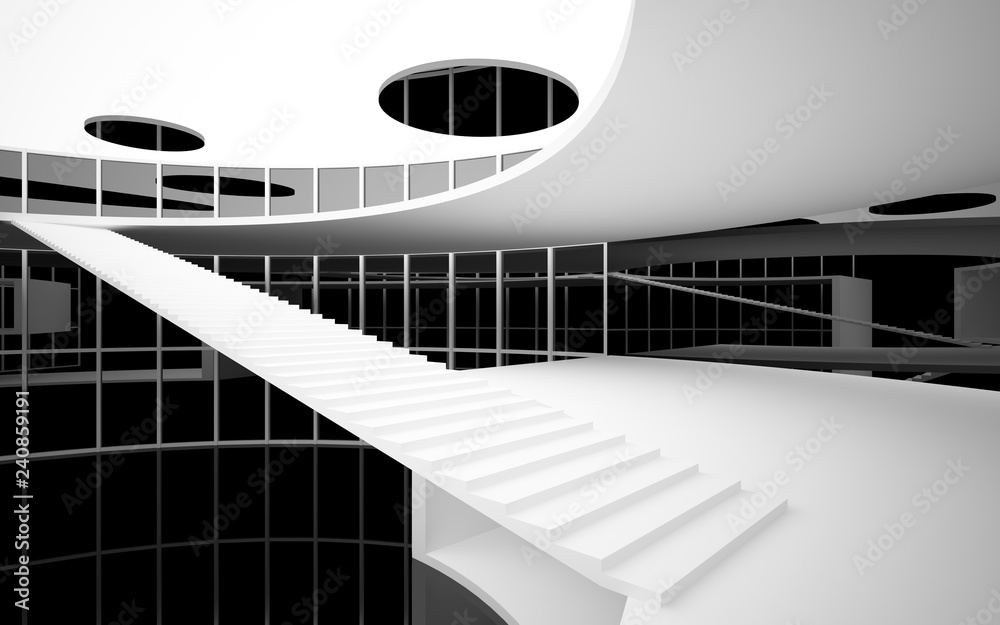 Obraz premium Abstract white and black interior multilevel public space with window. 3D illustration and rendering.