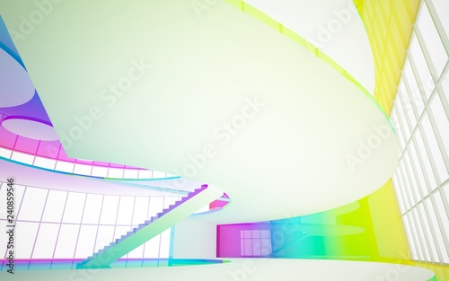 Abstract white and colored gradient glasses interior multilevel public space with window. 3D illustration and rendering.