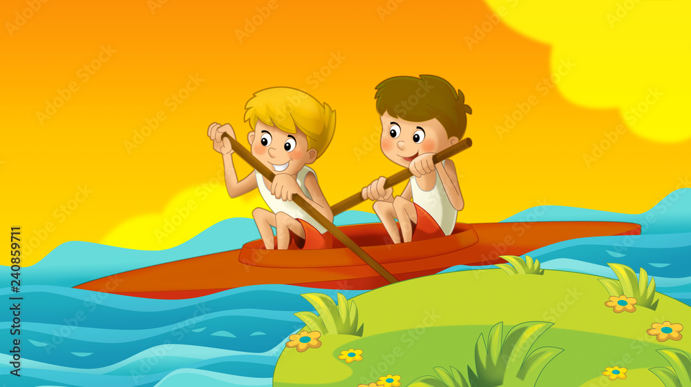 cartoon summer background with kids training in nature illustration for children