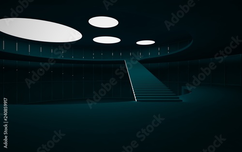 Abstract dark interior multilevel public space with neon lighting. 3D illustration and rendering