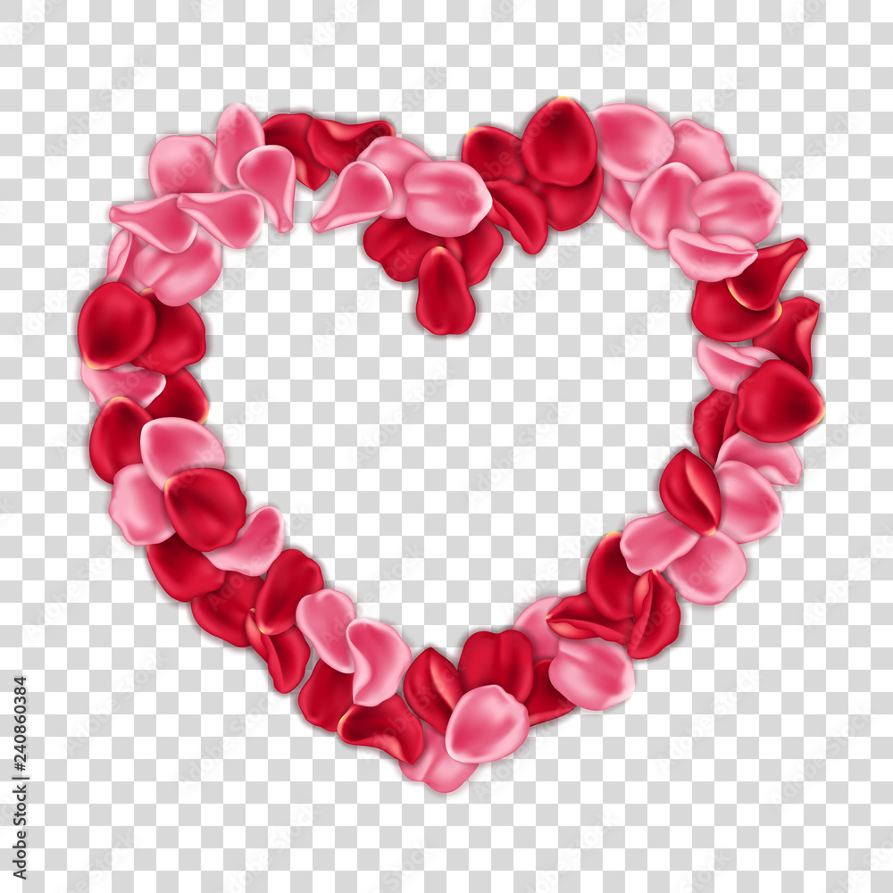 Heart-shaped frame made of red and pink rose petals on transparent background. Valentines Day card template