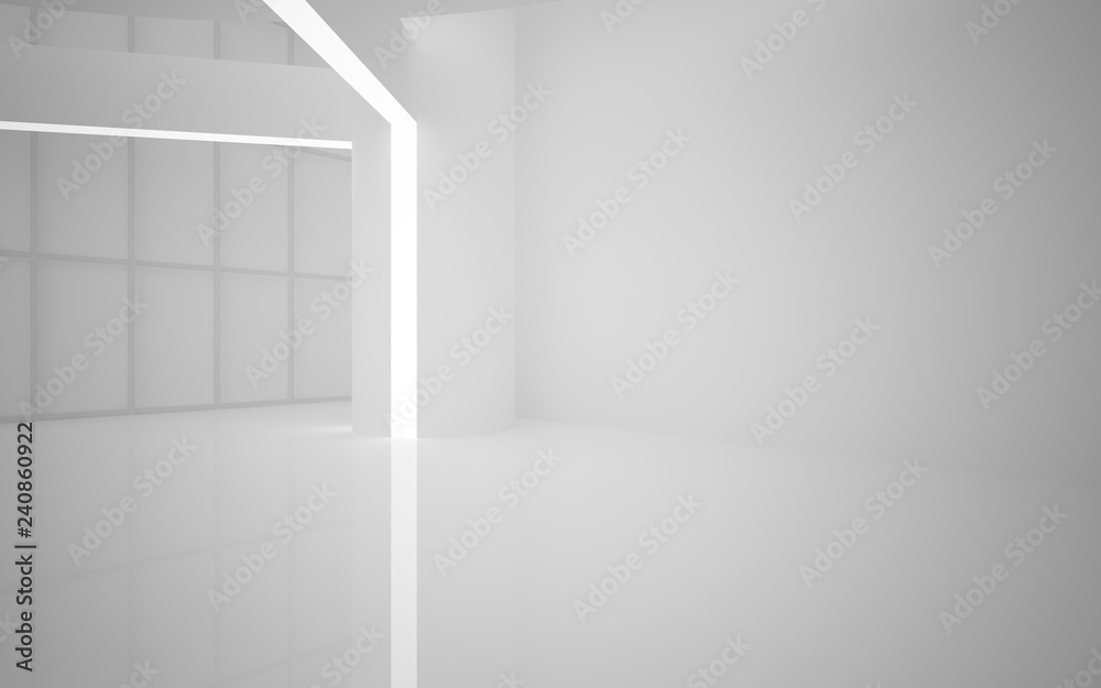 Fototapeta premium Abstract white interior multilevel public space with neon lighting. 3D illustration and rendering.