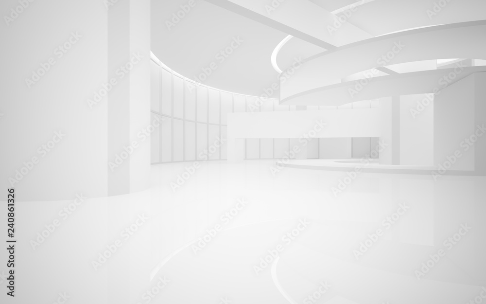 Abstract white interior multilevel public space with window. 3D illustration and rendering.