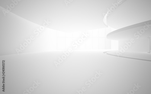 Abstract white interior multilevel public space with window. 3D illustration and rendering.