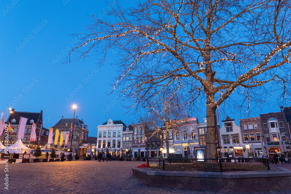 Tree on a market square with ancient town houses with lights and a blue sky in the twilight.