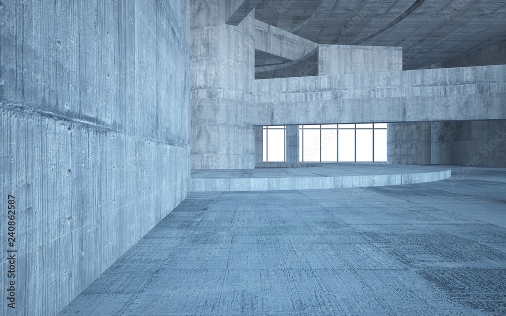 Abstract concrete interior multilevel public space with window. 3D illustration and rendering. Abstract concrete interior multilevel public space with window. 3D illustration and rendering.