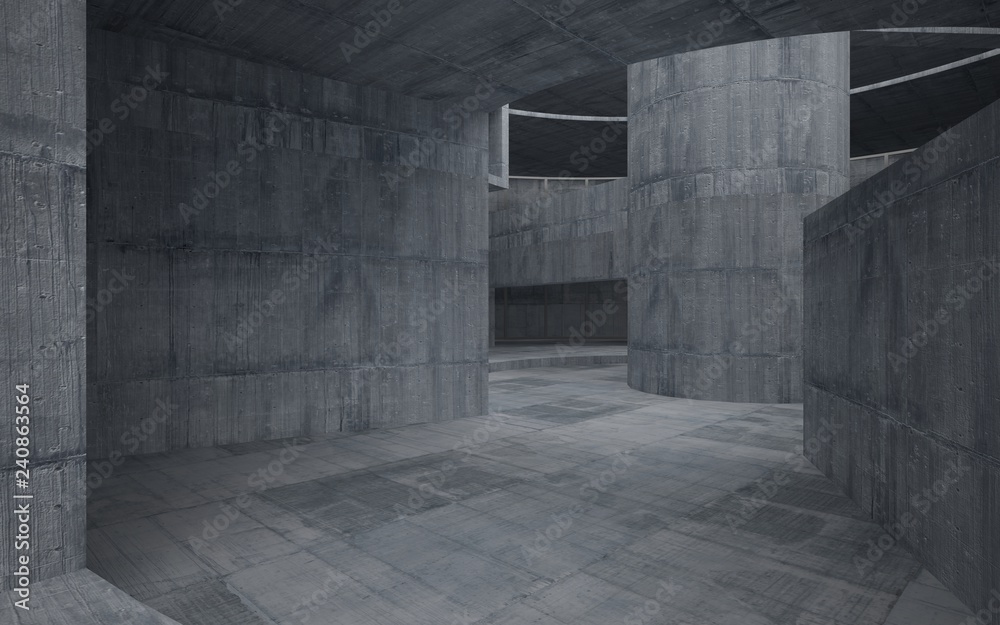 Abstract  concrete interior multilevel public space with window. 3D illustration and rendering.