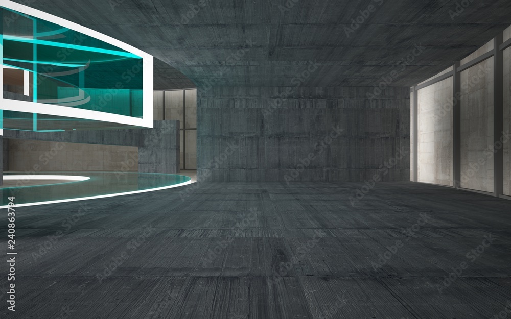 Obraz premium Abstract concrete and wood interior multilevel public space with neon lighting. 3D illustration and rendering.