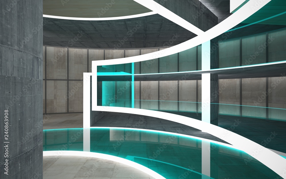 Fototapeta premium Abstract concrete and wood interior multilevel public space with neon lighting. 3D illustration and rendering.
