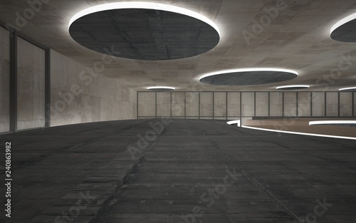 Abstract concrete and wood interior multilevel public space with neon lighting. 3D illustration and rendering.