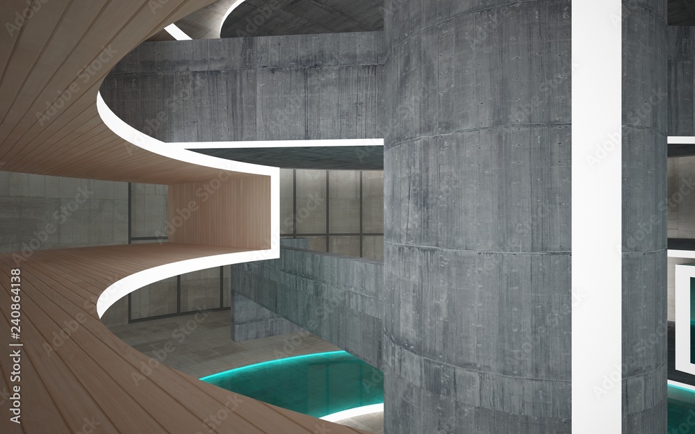 Abstract concrete and wood interior multilevel public space with neon lighting. 3D illustration and rendering. Abstract concrete and wood interior multilevel public space with neon lighting. 3D illustration and rendering.