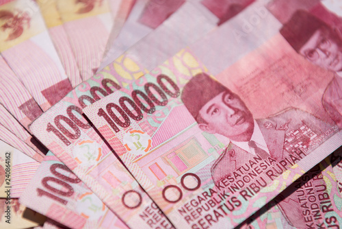 Close up of Indonesian money, 100,000 IDR banknotes 