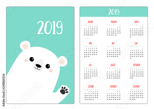 White polar bear waving hand paw print. Simple pocket calendar layout 2019 new year. Week starts Sunday. Cartoon character. Vertical orientation. Flat design. Blue background.