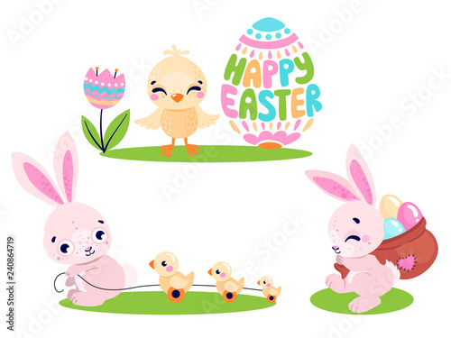 Set of cute Easter rabbits with Easter eggs and chicken. Collection of Easter bunny isolated on white background. Vector illustration