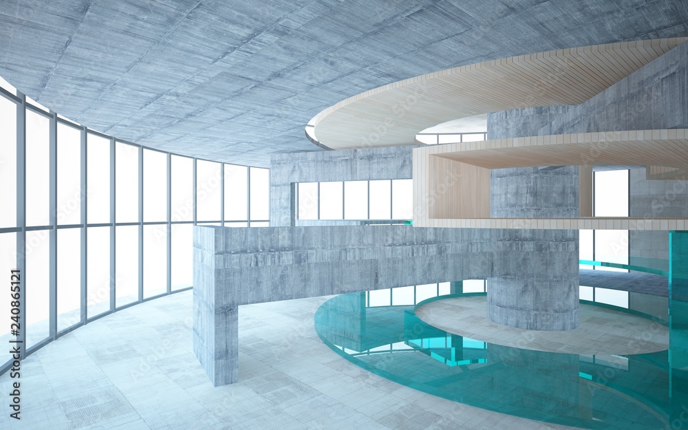 Obraz premium Abstract concrete and wood interior multilevel public space with window. 3D illustration and rendering.