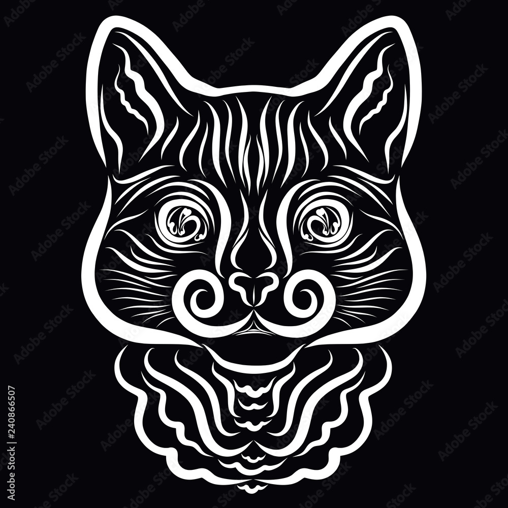 Obraz premium Cat head on a black background, white pattern