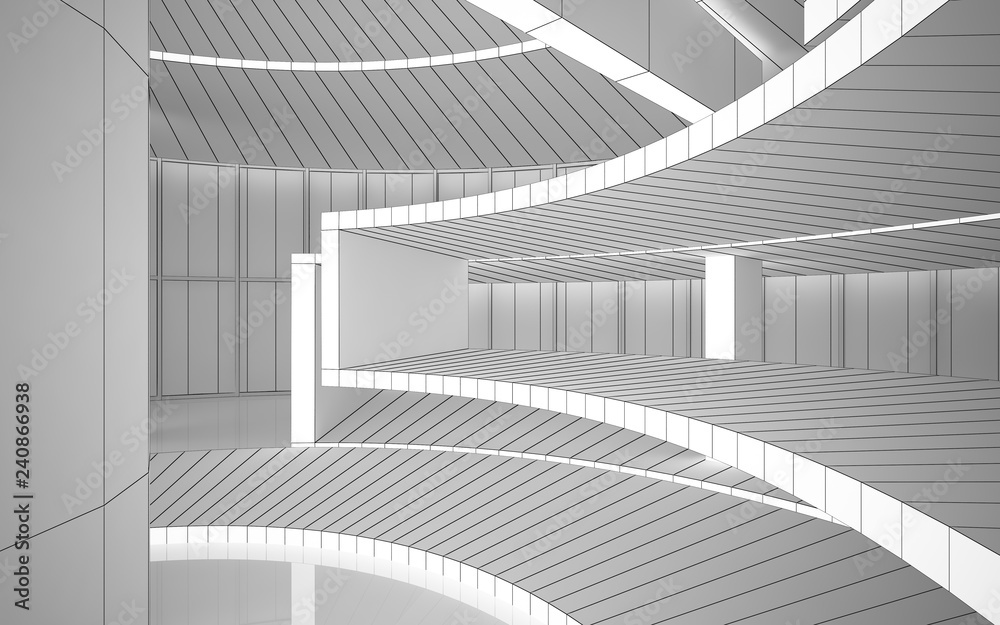 Naklejka premium Abstract drawing white interior multilevel public space with window. Polygon black drawing. 3D illustration and rendering.