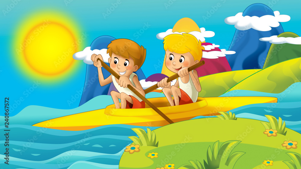 cartoon summer or spring nature background in the mountains - with kids  training in nature - illustration for children Stock Illustration | Adobe  Stock