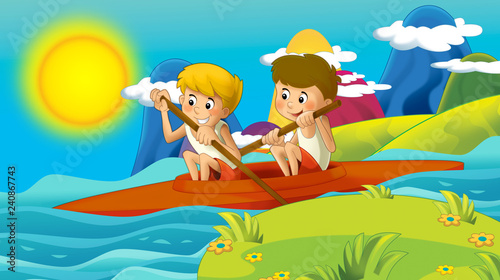 cartoon summer or spring nature background in the mountains - with kid training in nature illustration for children