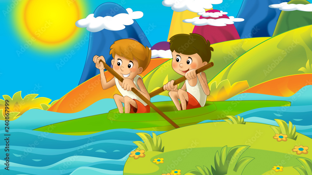 cartoon summer or spring nature background in the mountains - with kids training in nature with space for text - illustration for children cartoon summer or spring nature background in the mountains - with kids training in nature with space for text - illustration for children