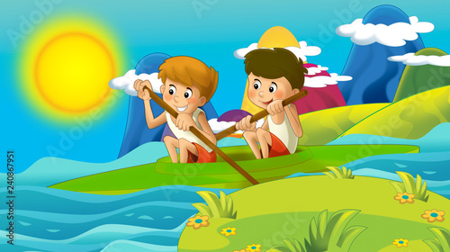 cartoon summer or spring nature background in the mountains - with kids training in nature with space for text - illustration for children