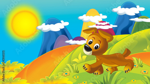 cartoon summer background in the mountains with dog walking in nature - with space for text - illustration for children