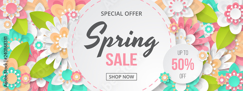 Spring sale banner with beautiful colorful flower. Can be used for template, banners, wallpaper, flyers, invitation, posters, brochure, voucher discount. Vector illustration