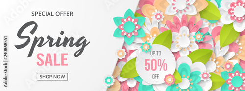 Spring sale banner with beautiful colorful flower. Can be used for template, banners, wallpaper, flyers, invitation, posters, brochure, voucher discount. Vector illustration