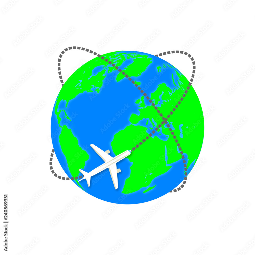 Flying Plane. Earth planet. Flying around the world. Flat icon. Vector illustration - Vector. Flying Plane. Earth planet. Flying around the world. Flat icon. Vector illustration - Vector.