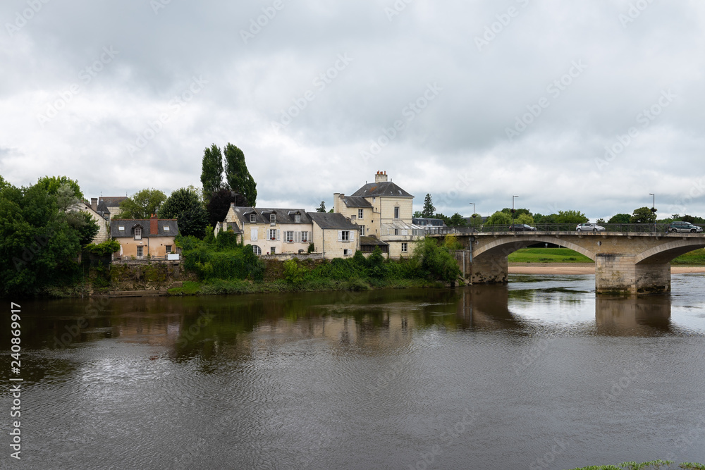 View of Chinon and the bridge over the Vienne River from the northern bank, France