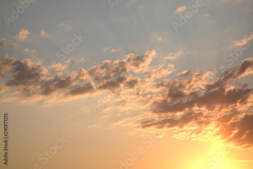 Best clouds and sky color image. The most beautiful abstract sky background. Clouds and pictures of different kinds. Sunset. The sun rays in the evening.