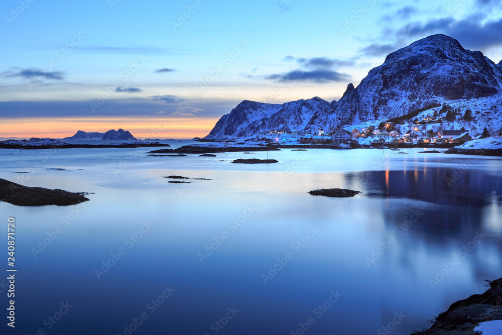 Norway, Lofoten Islands, Sorvagen at night
