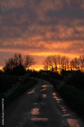 Rainy Road Reflection In Winter At Sunset