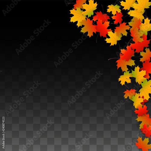 September Vector Background with Golden Falling Leaves. Autumn Illustration with Maple Red, Orange, Yellow Foliage. Isolated Leaf on Transparent Background. Bright Swirl. Suitable for Posters.