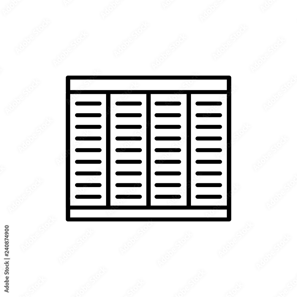 Black & white vector illustration of bamboo wood roller curtain shutter. Line icon of window horizontal wooden jalousie. Isolated object Black & white vector illustration of bamboo wood roller curtain shutter. Line icon of window horizontal wooden jalousie. Isolated object