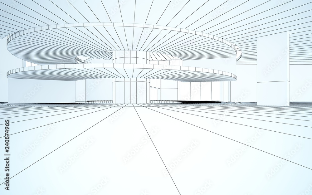 Abstract drawing white interior multilevel public space with window. 3D illustration and rendering. Abstract drawing white interior multilevel public space with window. 3D illustration and rendering.