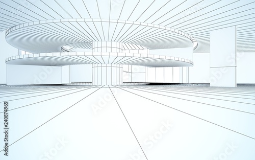 Abstract drawing white interior multilevel public space with window. 3D illustration and rendering.